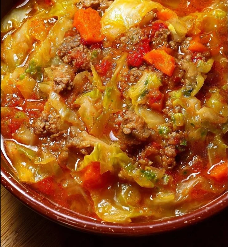 Bowl of delicious cabbage roll soup garnished with fresh herbs