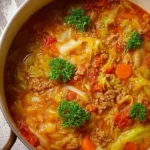 Delicious cabbage roll soup served in a bowl with fresh herbs and vegetables.