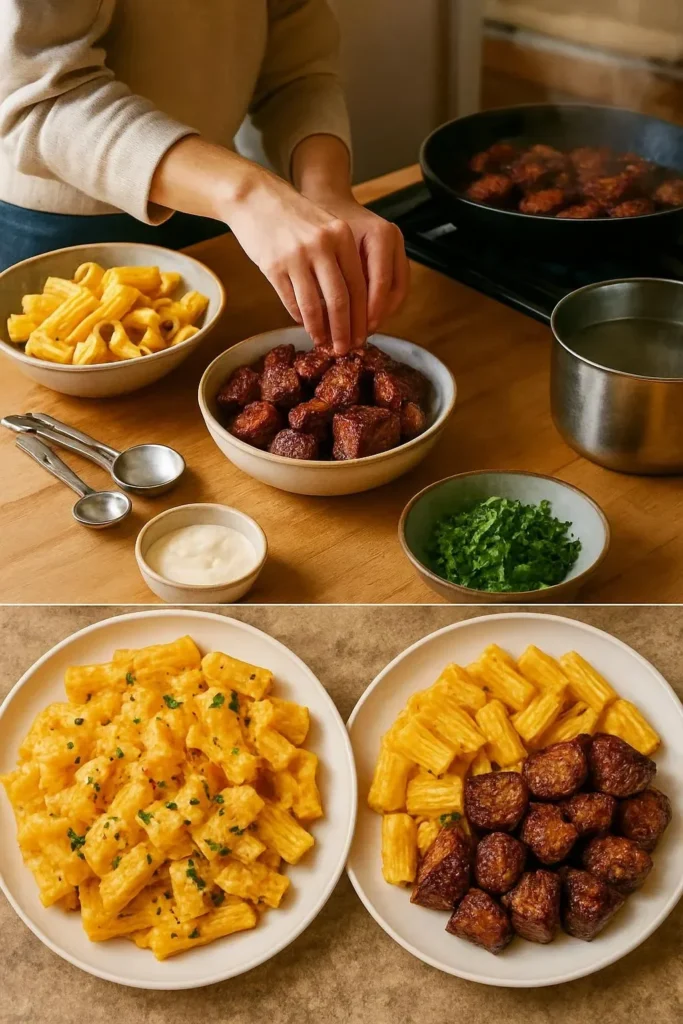 Cajun steak tips served with creamy parmesan rigatoni on a plate