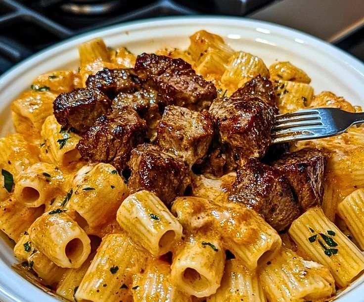 Cajun steak tips served with creamy parmesan rigatoni on a plate