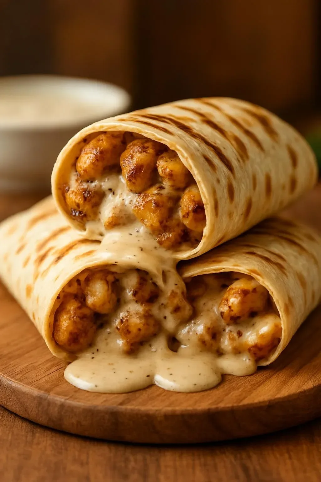 Cheesy garlic chicken wraps garnished with fresh herbs on a plate