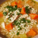 A delicious bowl of chicken rice soup with vegetables and herbs.