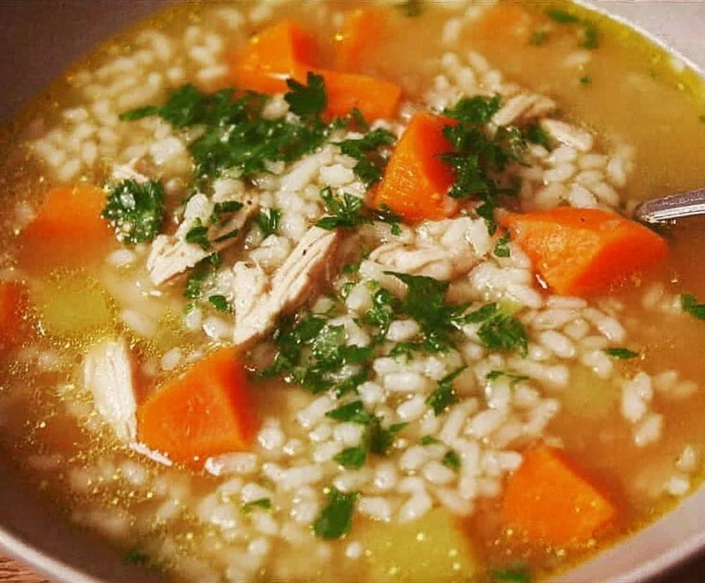 A delicious bowl of chicken rice soup with vegetables and herbs.