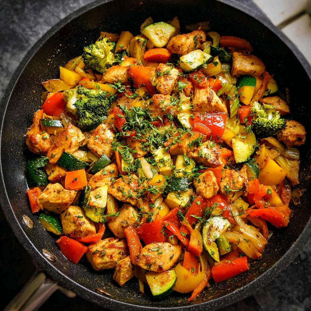 Chicken and Vegetables skillet dish served in a vibrant cast iron pan