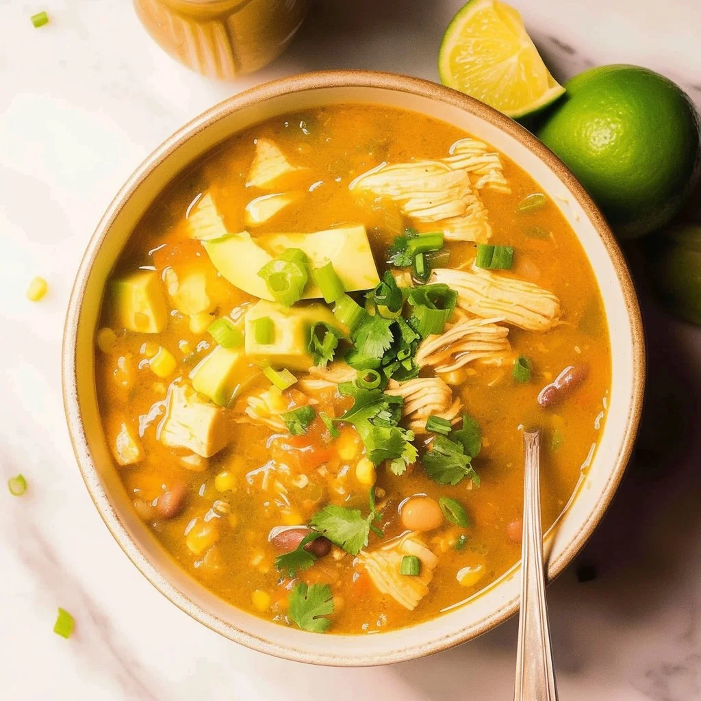 Bowl of homemade Chicken Chili topped with cilantro and sliced jalapeños