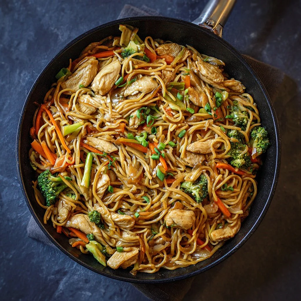A bowl of Crazy Easy Chicken Lo Mein with colorful vegetables and noodles