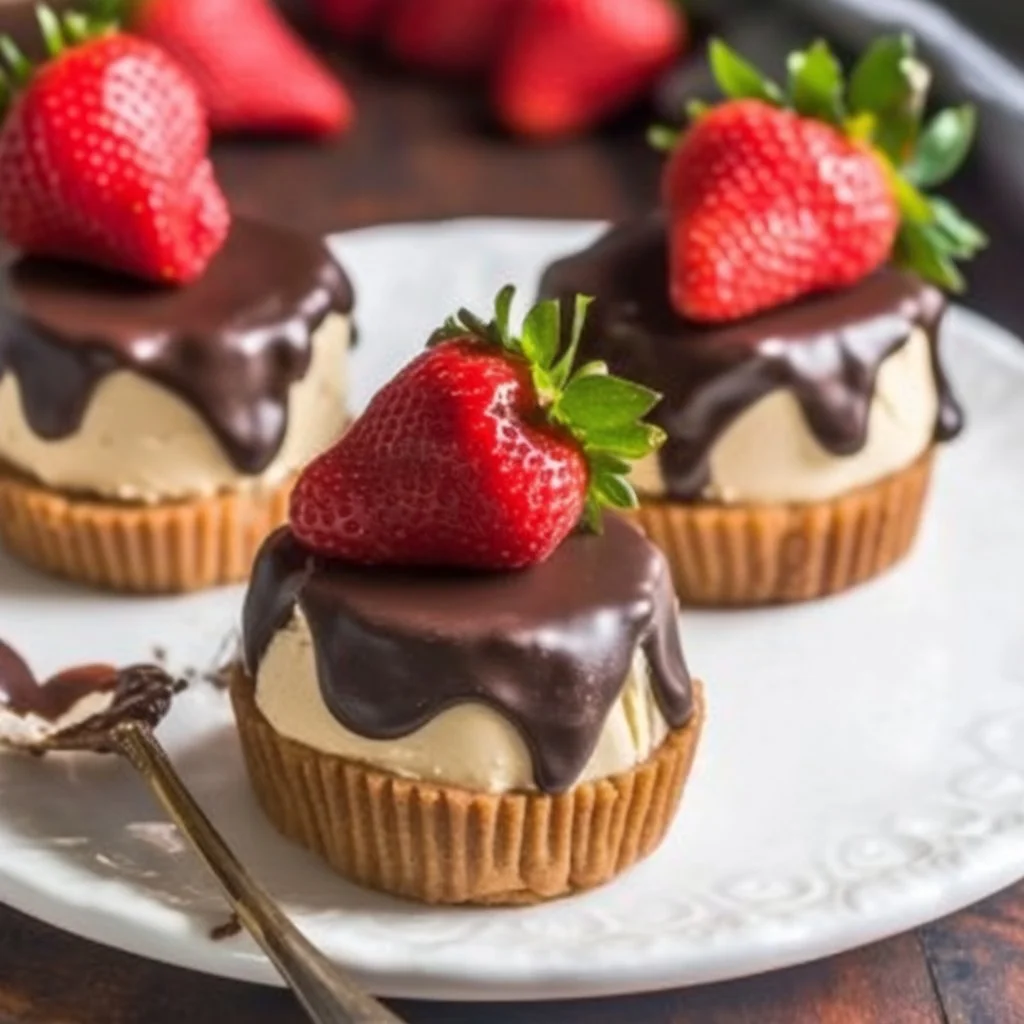 Chocolate covered strawberry mini cheesecakes with fresh strawberries and chocolate.