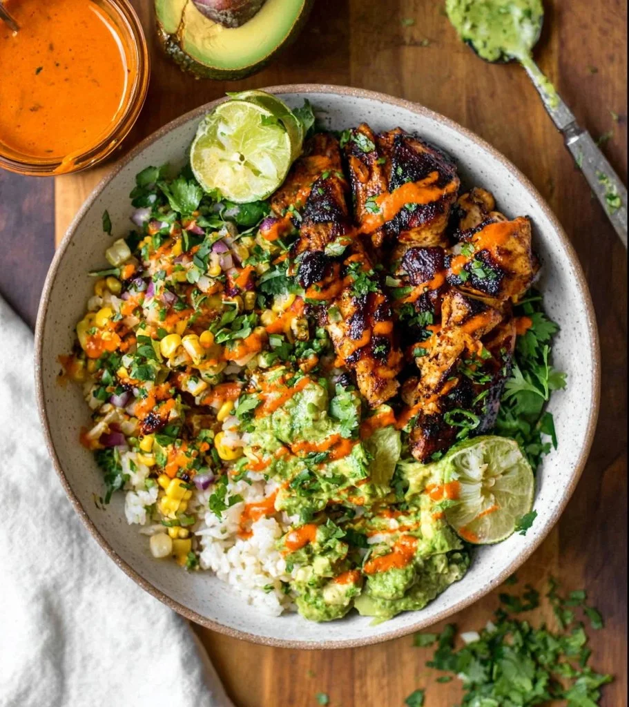 Delicious cilantro lime chicken bowls garnished with fresh herbs and lime wedges