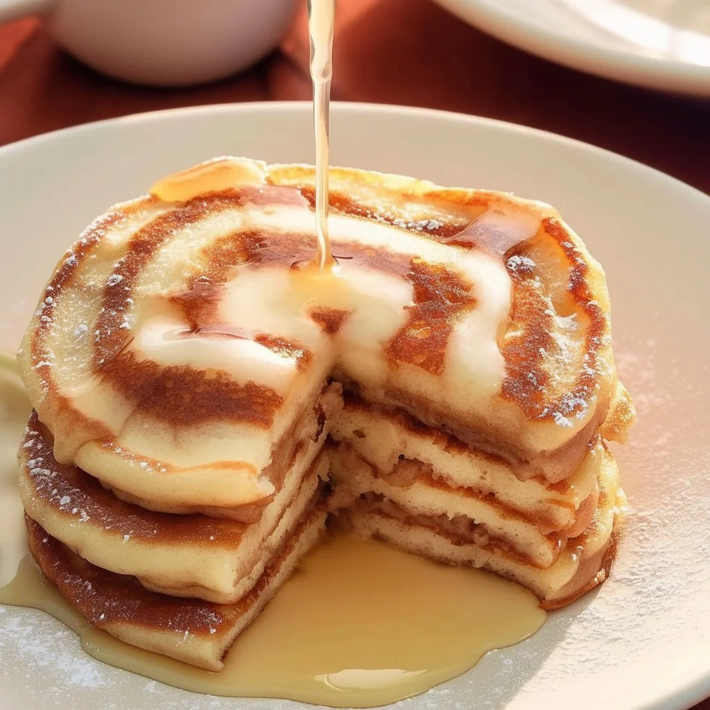 Stack of cinnamon roll pancakes drizzled with icing and sprinkled with cinnamon