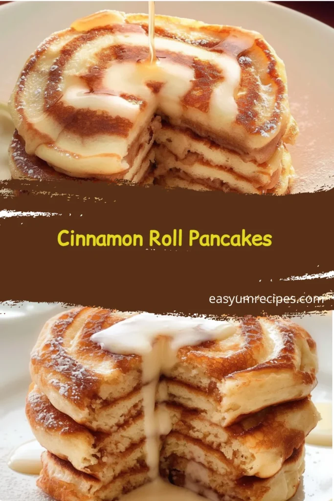 Stack of cinnamon roll pancakes drizzled with icing and sprinkled with cinnamon