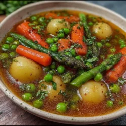 Cozy slow cooker spring vegetable soup in a bowl with fresh vegetables.