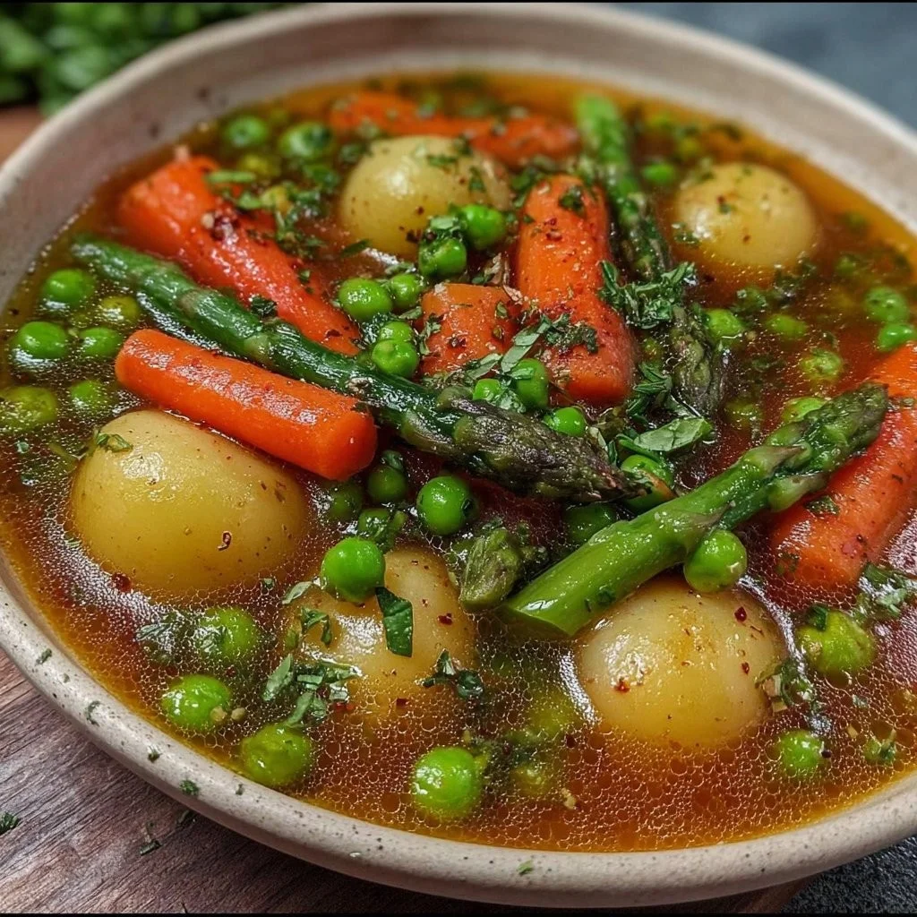 Cozy slow cooker spring vegetable soup in a bowl with fresh vegetables.