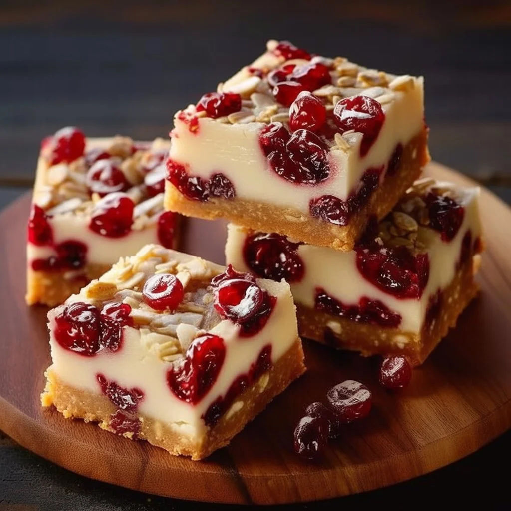Homemade Cranberry Bliss Bars with frosting and cranberries