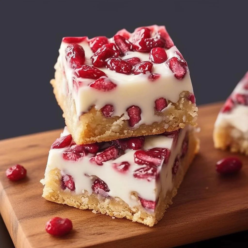 Homemade Cranberry Bliss Bars with frosting and cranberries