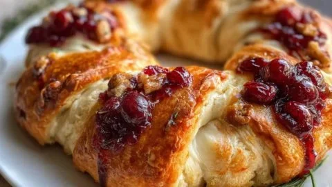 Golden Cranberry Brie Crescent Ring ready to serve, garnished with fresh herbs