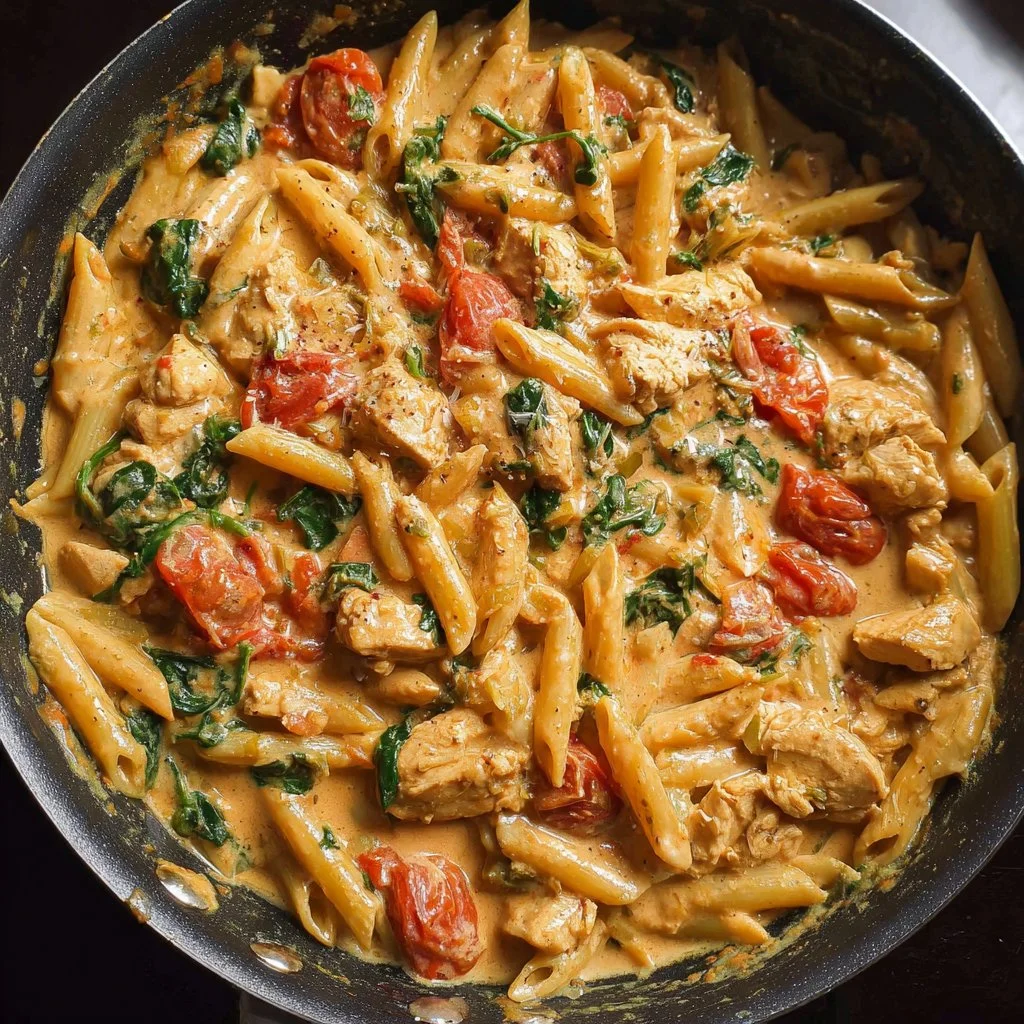 Creamy chicken and tomato pasta in a skillet, perfect for a quick meal.