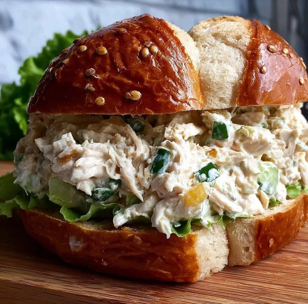Creamy classic chicken salad sandwich with fresh ingredients and herbs.