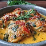 Creamy Crockpot Tuscan Garlic Chicken served on a plate with herbs and garlic.