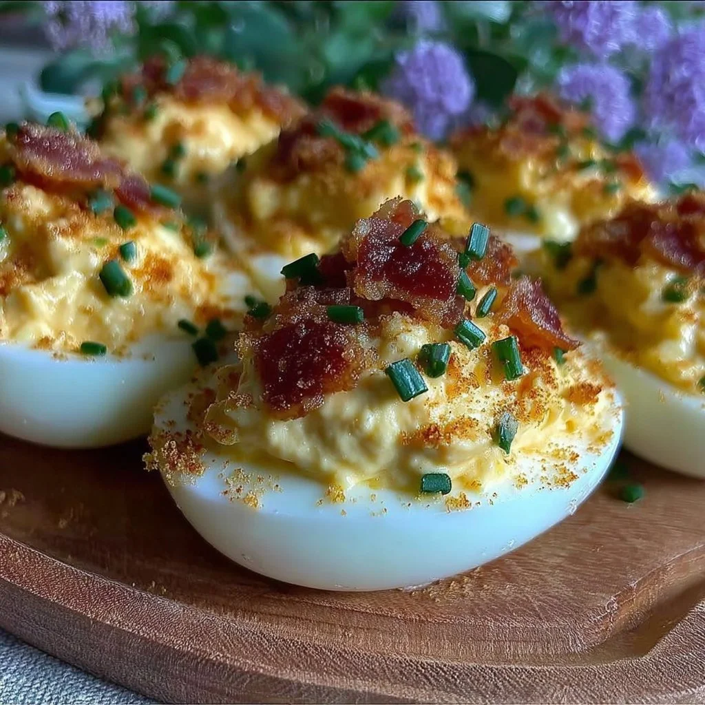 Creamy deviled eggs with bacon and chives on a serving platter