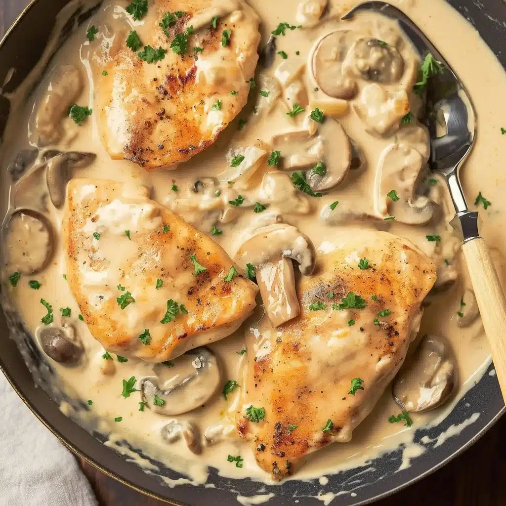 Creamy mushroom chicken dish garnished with herbs