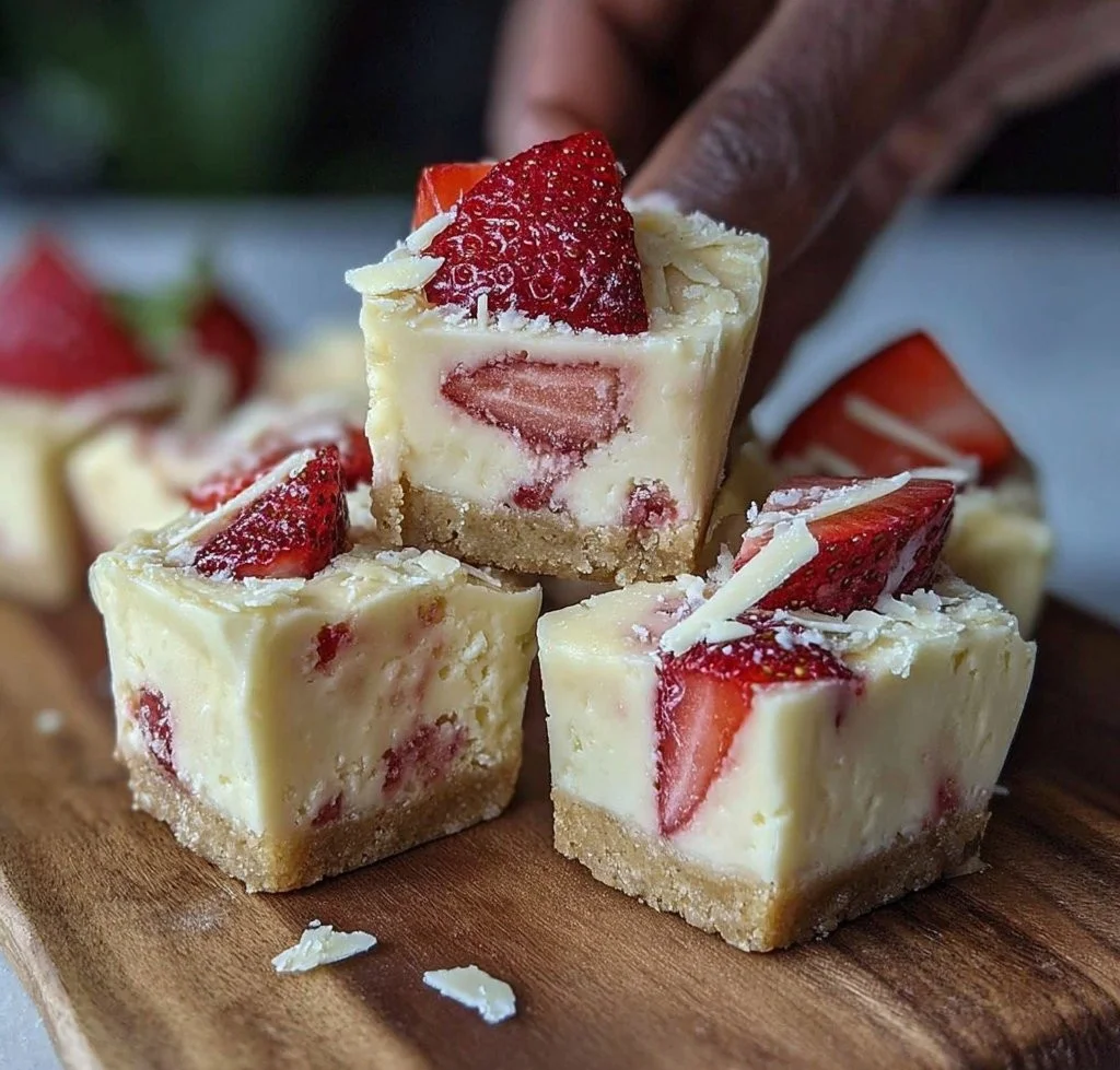 Creamy strawberry white chocolate cheesecake bites topped with fresh strawberries