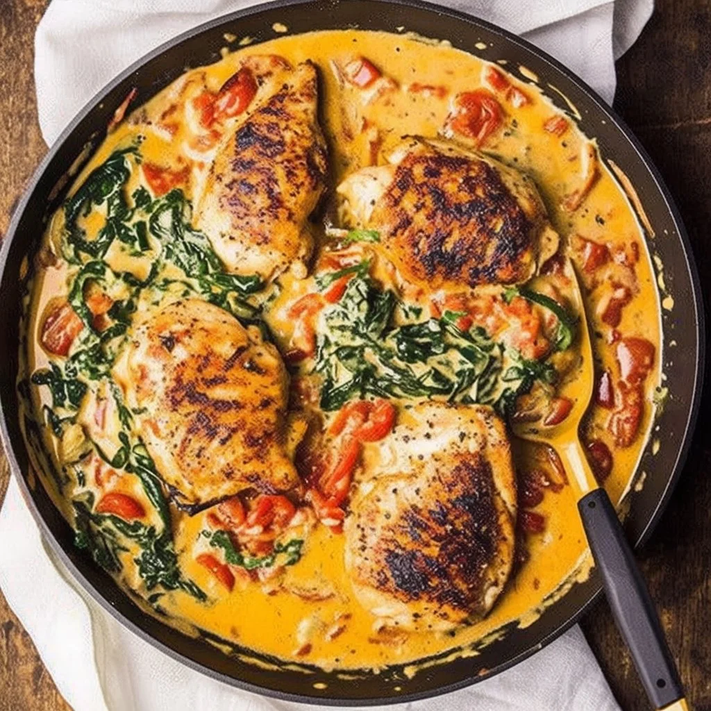 Creamy Tuscan chicken dish with spinach and sun-dried tomatoes