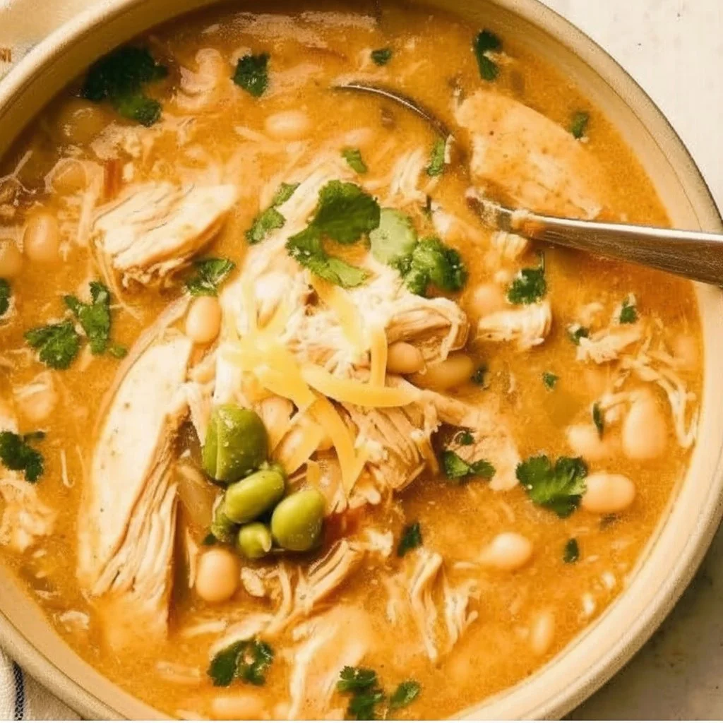 Bowl of creamy white chicken chili garnished with cilantro and served with tortilla chips.