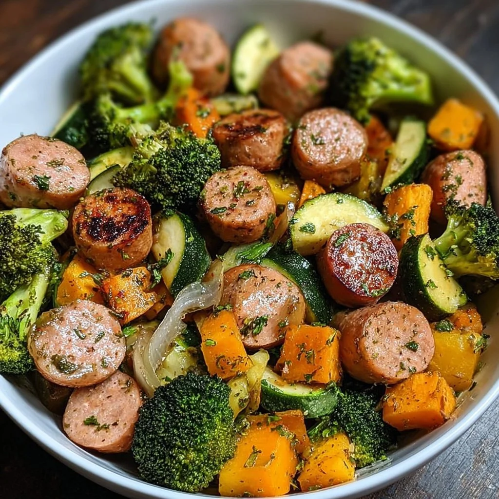 Sausage veggie skillet bowl prepared in 30 minutes with colorful vegetables.