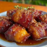 Crispy bacon wrapped water chestnuts drizzled with brown sugar glaze