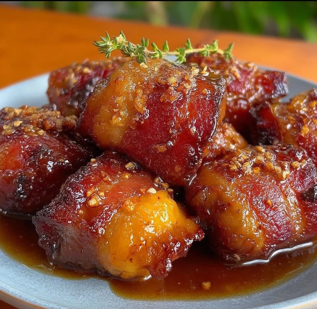 Crispy bacon wrapped water chestnuts drizzled with brown sugar glaze
