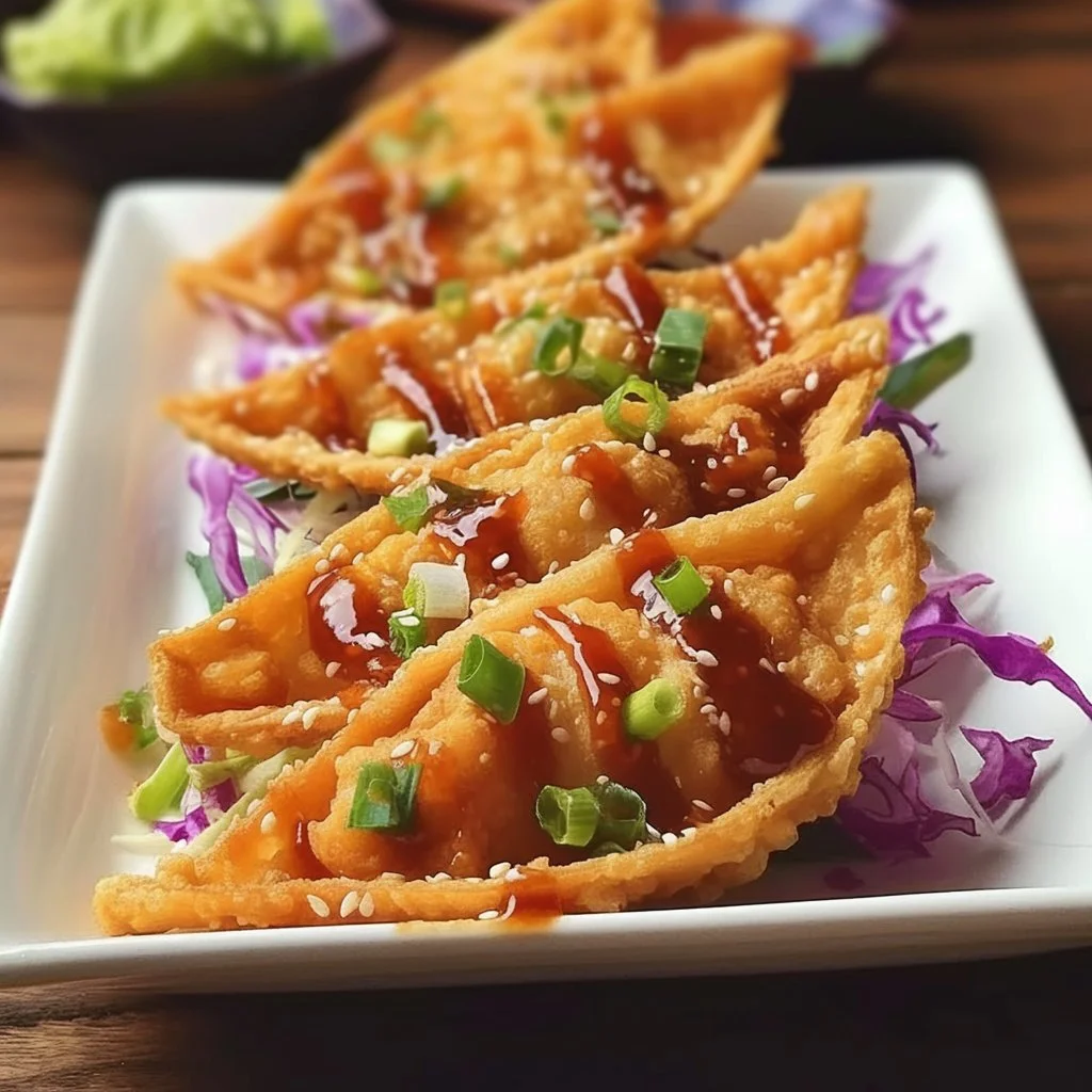 Delicious crispy chicken wonton tacos served on a plate.