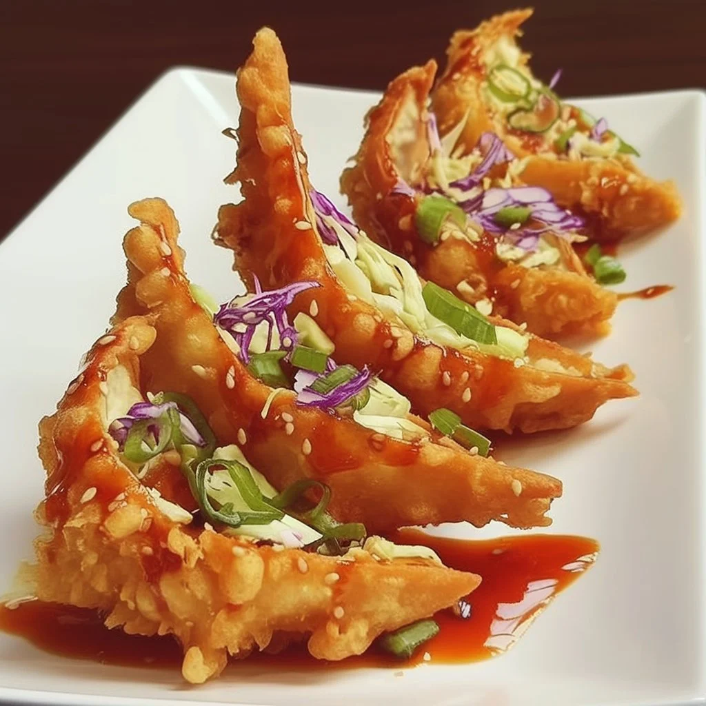 Delicious crispy chicken wonton tacos served on a plate.