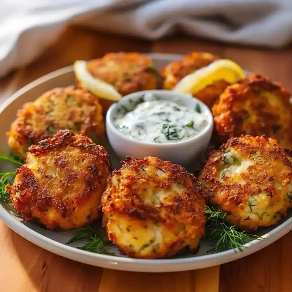 Delicious crispy crab cake bites served with lemon dill sauce