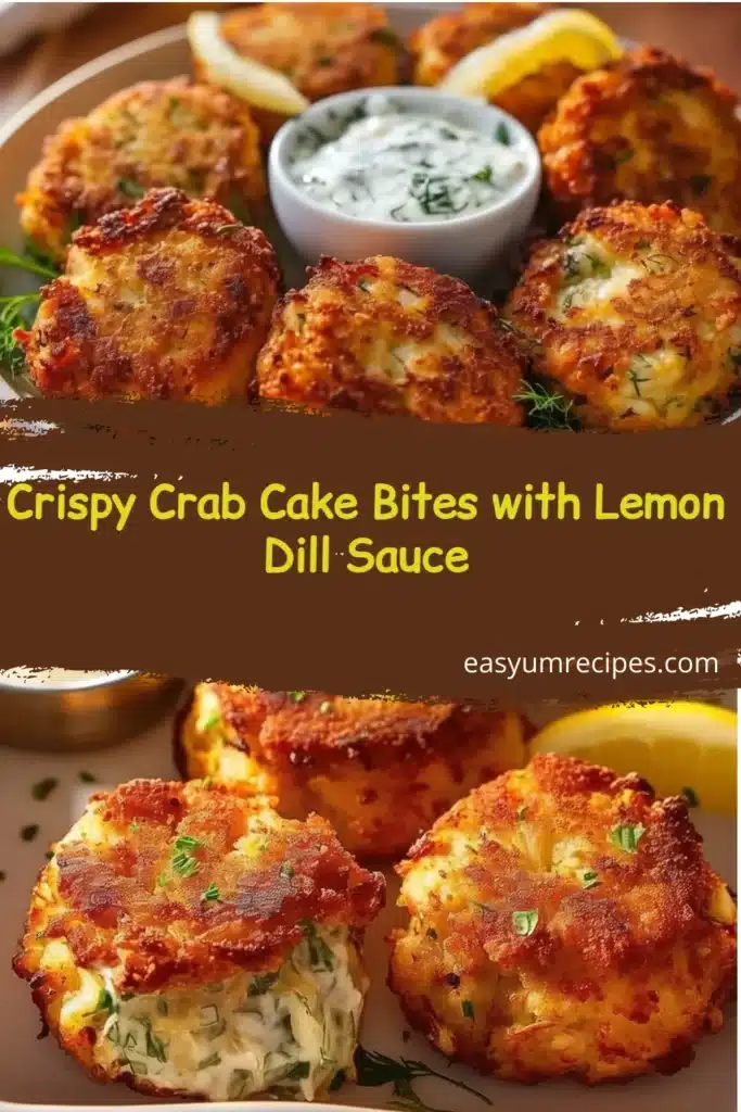 Delicious crispy crab cake bites served with lemon dill sauce