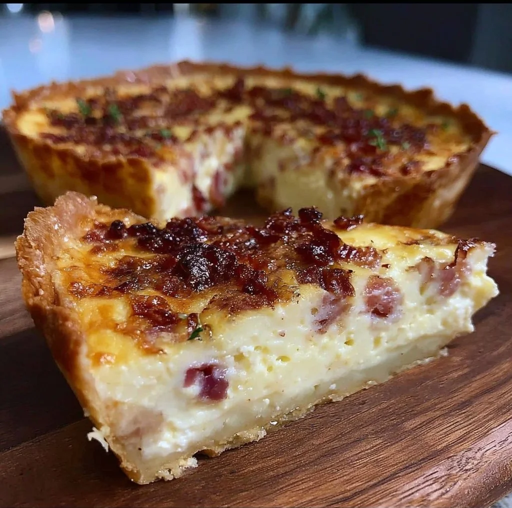 Crispy Quiche Lorraine served on a plate with fresh herbs