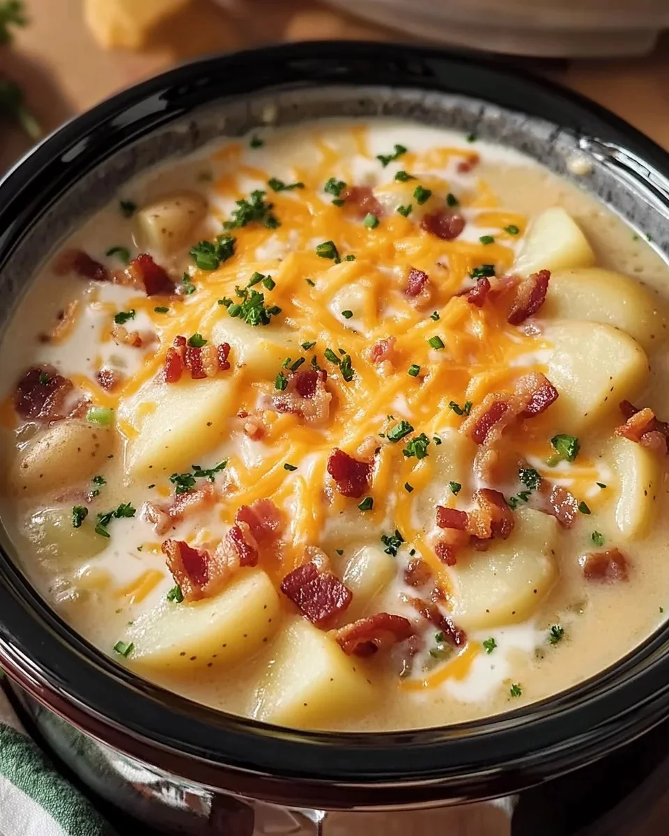 Deliciously creamy Crock Pot Crack Potato Soup in a bowl topped with bacon and cheese