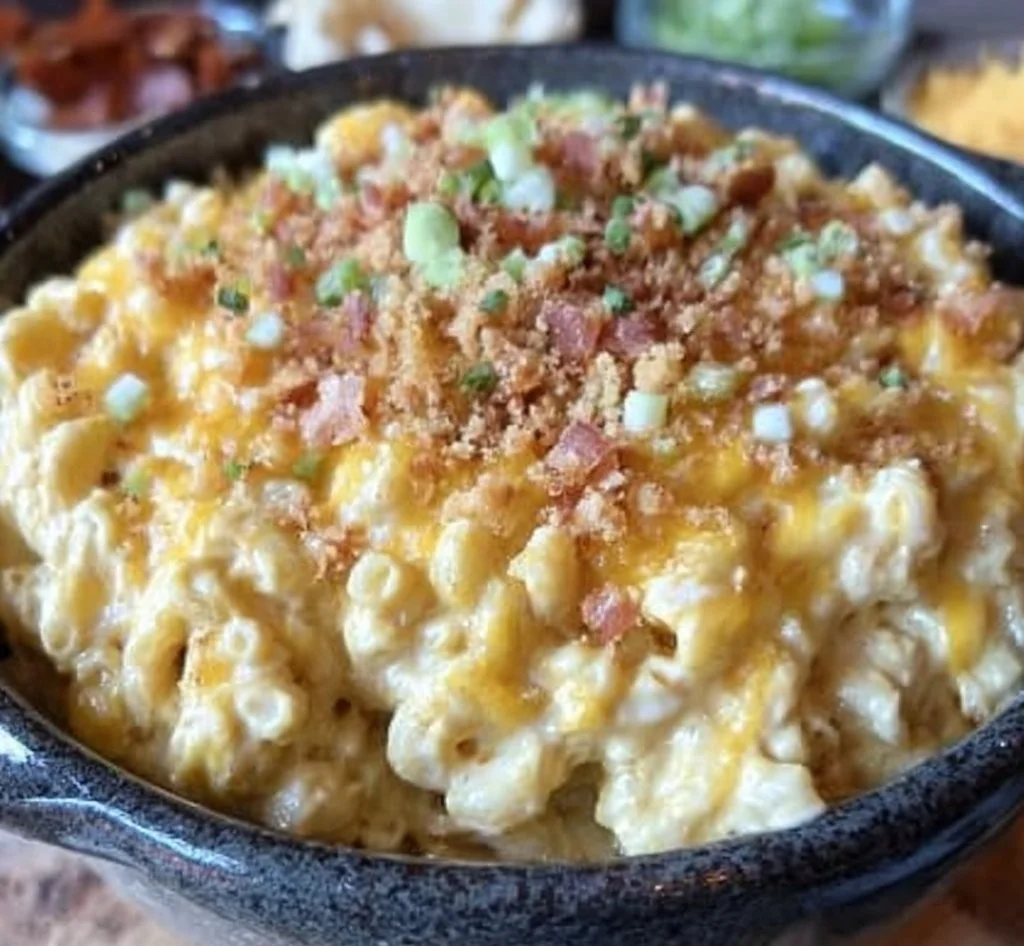 Crockpot Mac and Cheese Bar with toppings and creamy cheese sauce