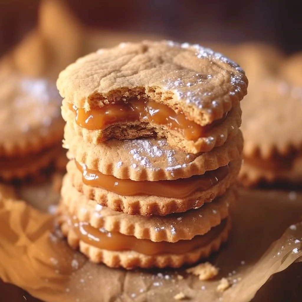 Dulce de Leche Cinnamon Sandwich Cookies stacked on a plate