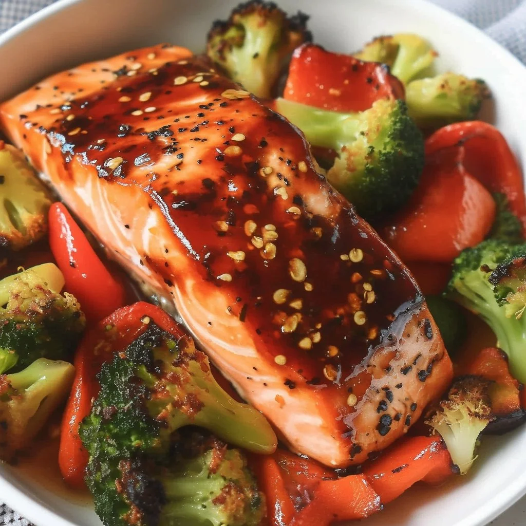 Delicious air fryer salmon with colorful vegetables cooking in an air fryer.