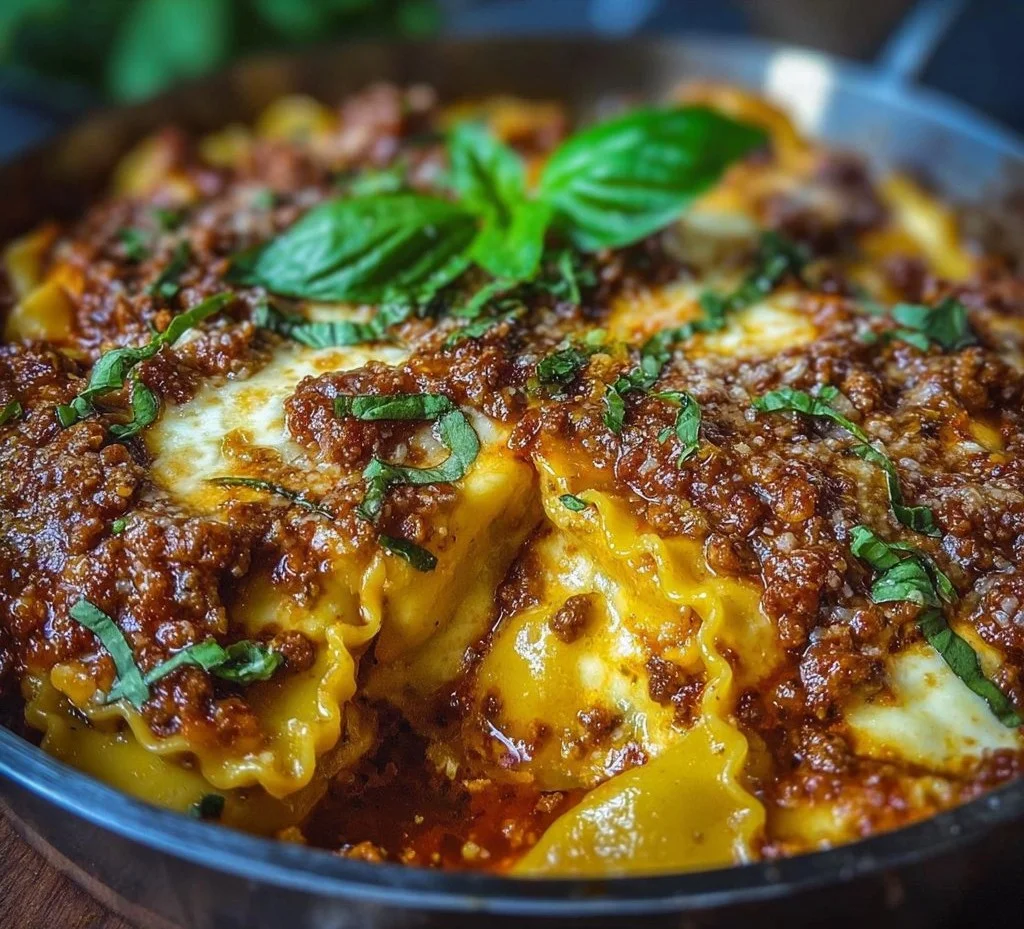 Easy Cheesy One-Pot Lasagna in a skillet with melting cheese and pasta layers