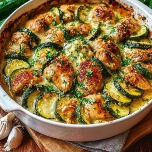 Delicious easy chicken zucchini bake topped with cheese and herbs