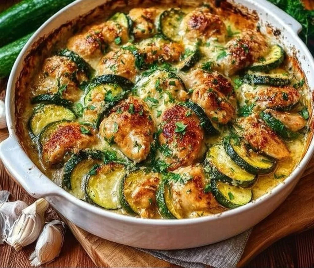 Delicious easy chicken zucchini bake topped with cheese and herbs
