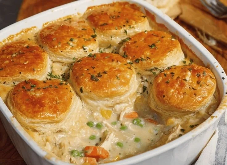 Homemade chicken pot pie casserole topped with golden crust and filled with tender chicken and vegetables.