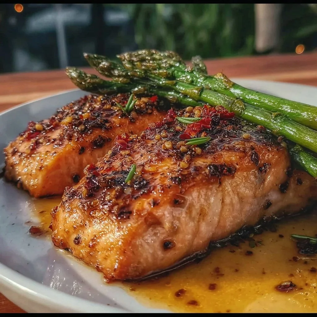 Honey dijon glazed salmon fillet with asparagus on a plate