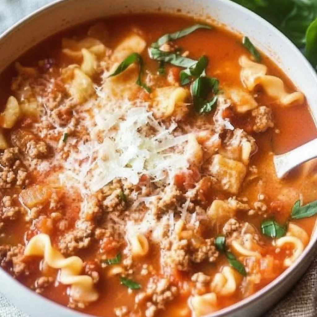 Bowl of easy lasagna soup with cheese and herbs, perfect for a comforting meal.