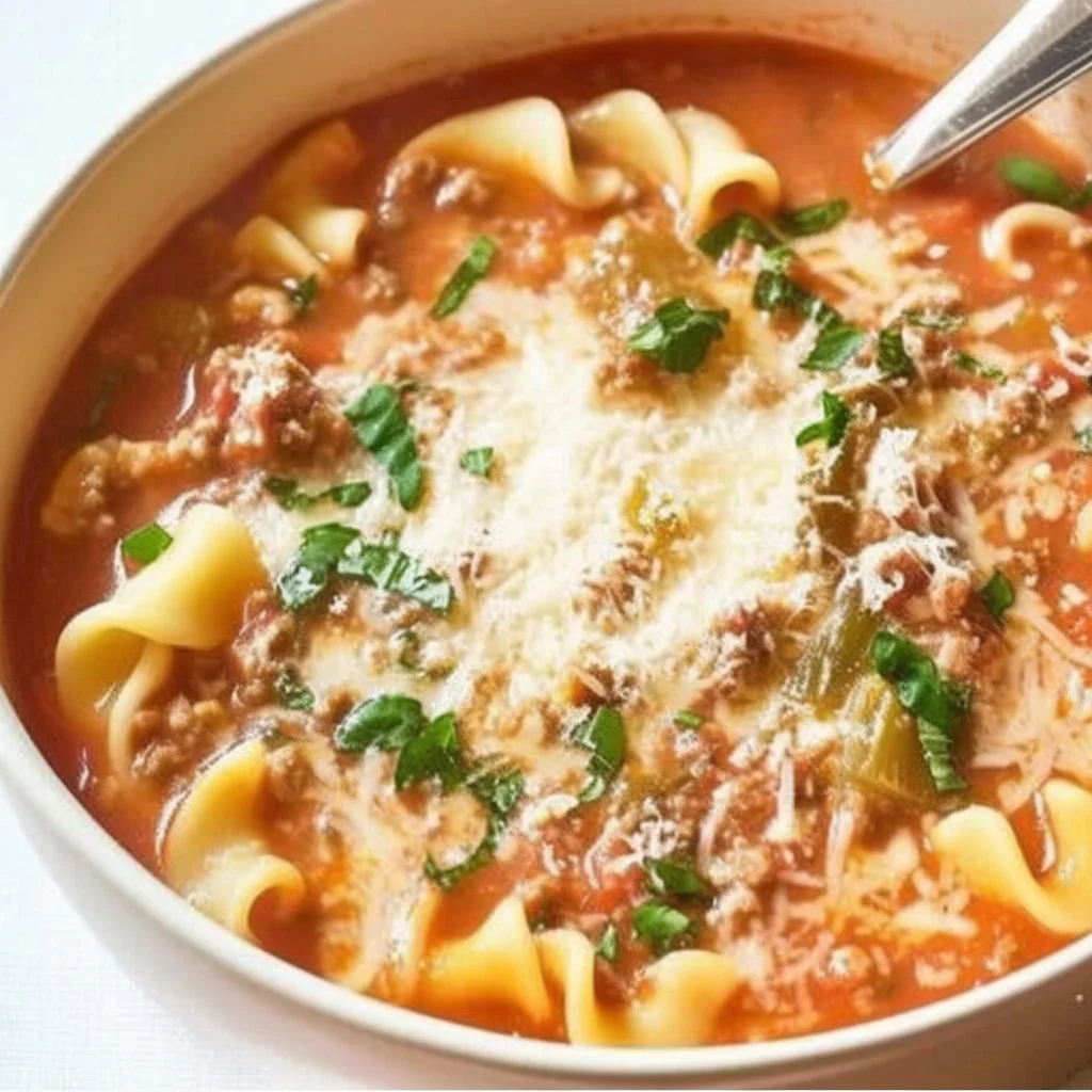Bowl of easy lasagna soup with cheese and herbs, perfect for a comforting meal.