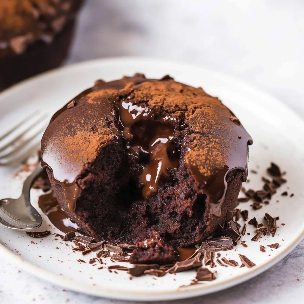 Two molten chocolate lava cakes served on a plate with a berry garnish