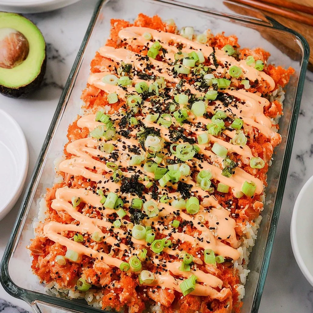Delicious easy salmon sushi bake with creamy spicy mayo topping