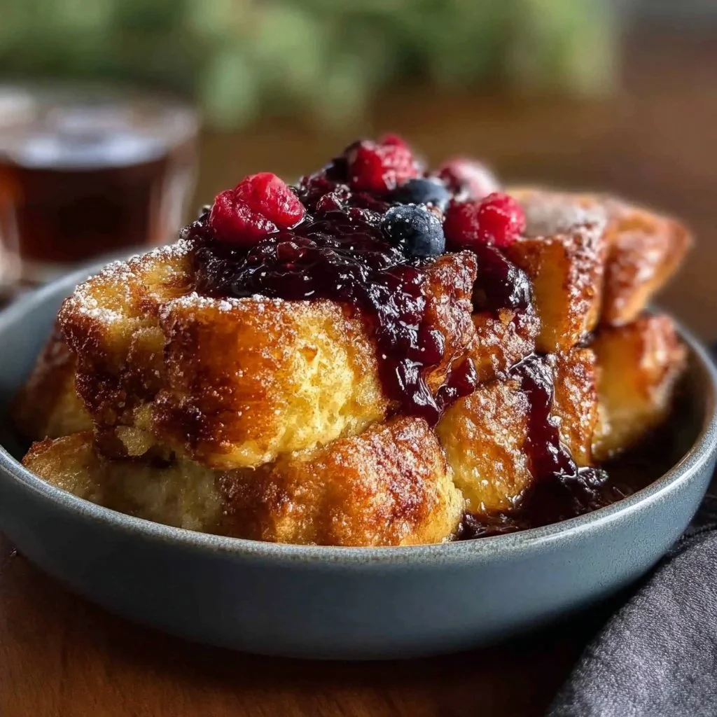 Delicious slow cooker French toast casserole with berry compote