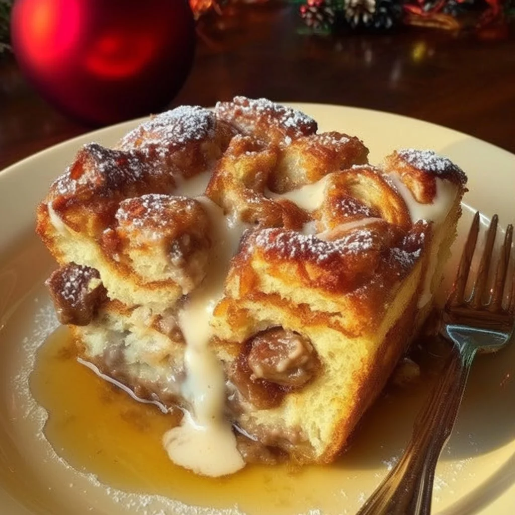 Festive cinnamon swirl eggnog bread pudding served in a dish